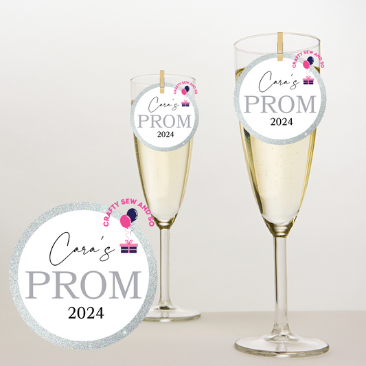 20 x edible PROM Champagne Prosecco flute drink toppers uncut personalise