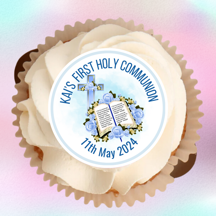 Edible cupcake toppers- First Holy Communion blue Bible