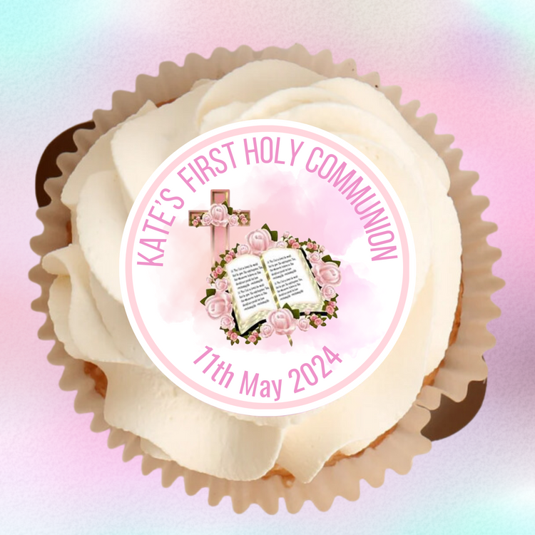 Edible cupcake toppers- First Holy Communion Pink Bible