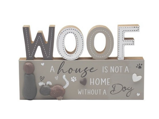Wooden Dog Sign, Woof Dog Pebble Plaque