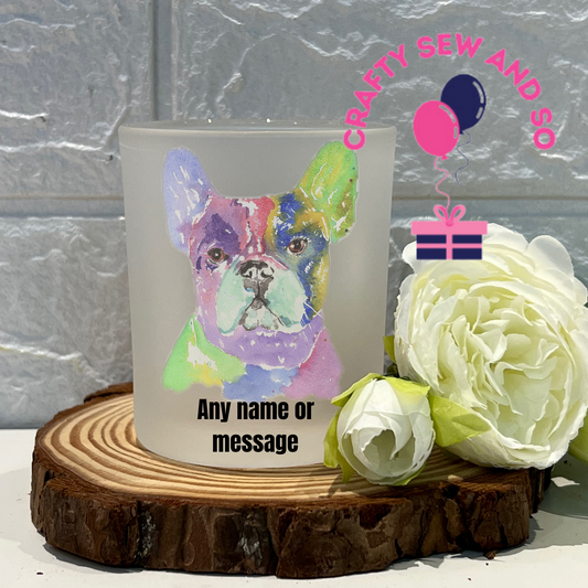 Frosted tea light holder -Frenchie dog image  Can be personalised