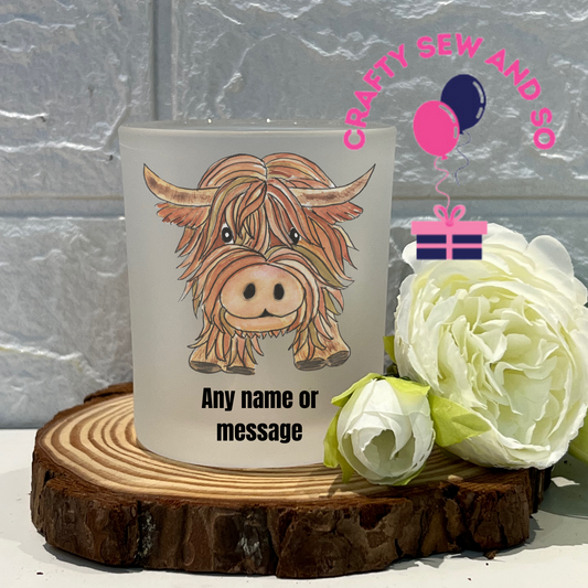 Frosted tea light holder -Baby Highland Cow image  - Can be personalised