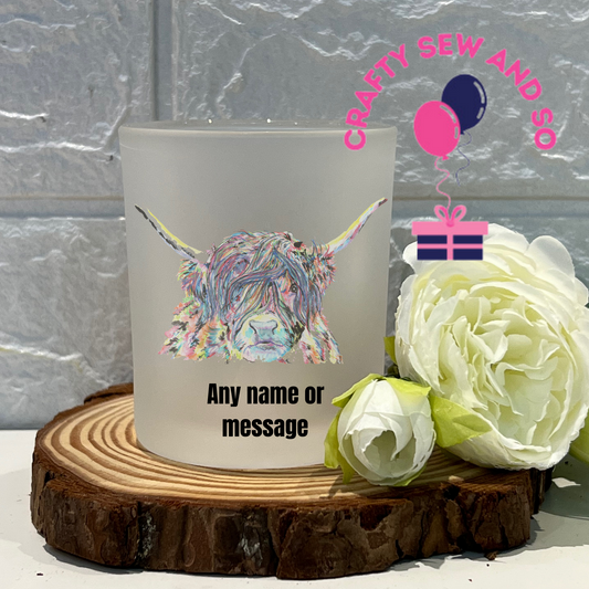 Frosted tea light holder -Highland Cow image  - Can be personalised