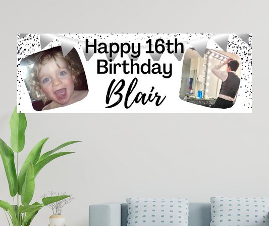 Personalised Birthday Banner -Silver and Black Photo Design