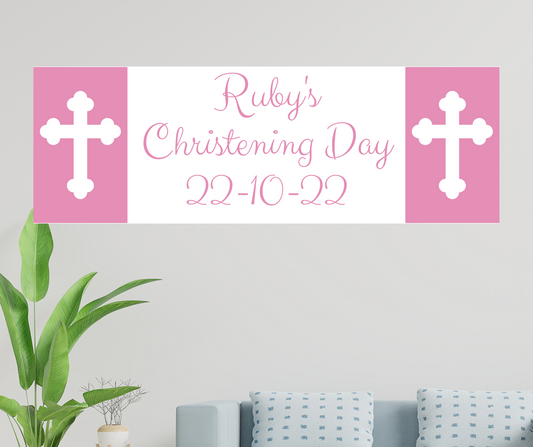 Personalised Christening Day Banner - Pink Cross Design