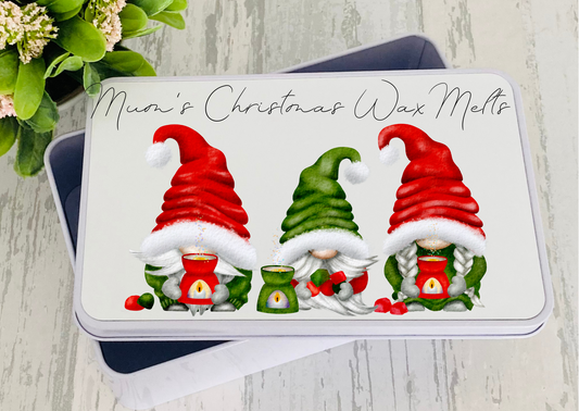 Personalised wax melt tin Christmas gonks gnomes