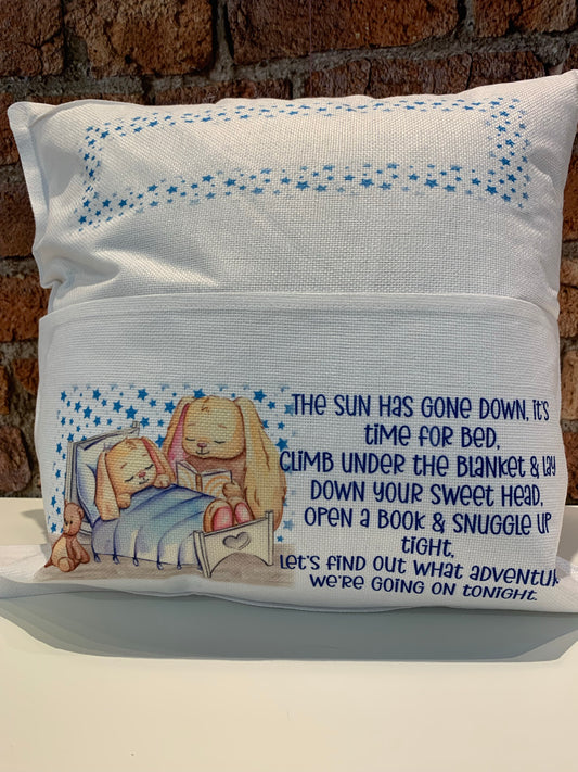 Personalised pocket book cushion bedtime story design