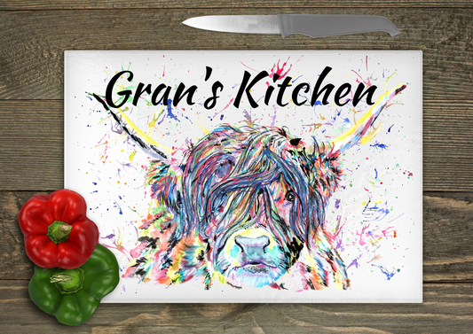 Highland cow watercolour chopping board