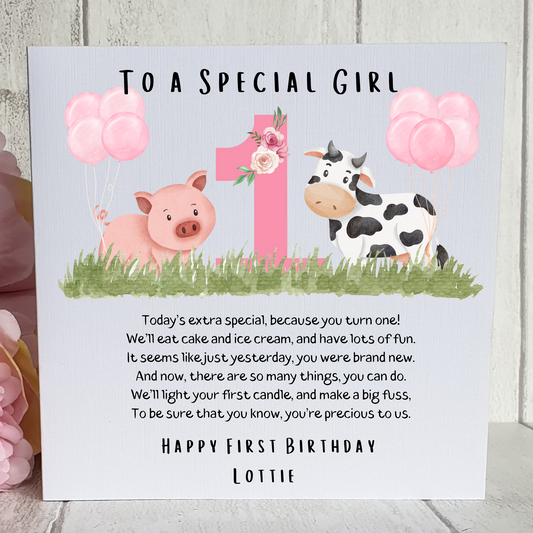 Personalised Girls 1st Birthday Card-Daughter Granddaughter Niece Farm Animals