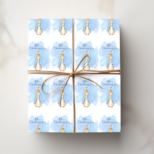 Personalised Wrapping Paper and card -Blue bunny Christening