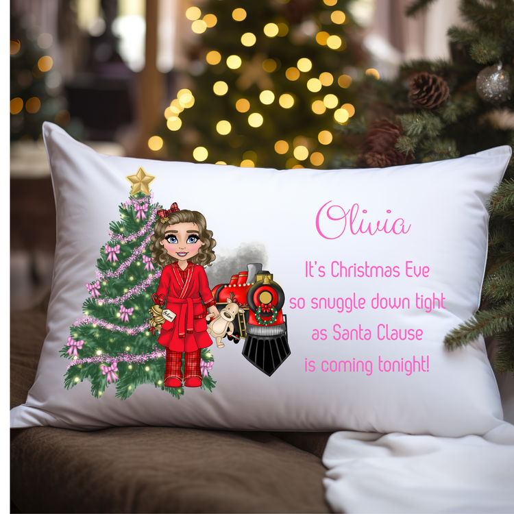 Christmas Eve Pillow Case Personalised Name & Dolly Character Girl Boy Pink Red Blue