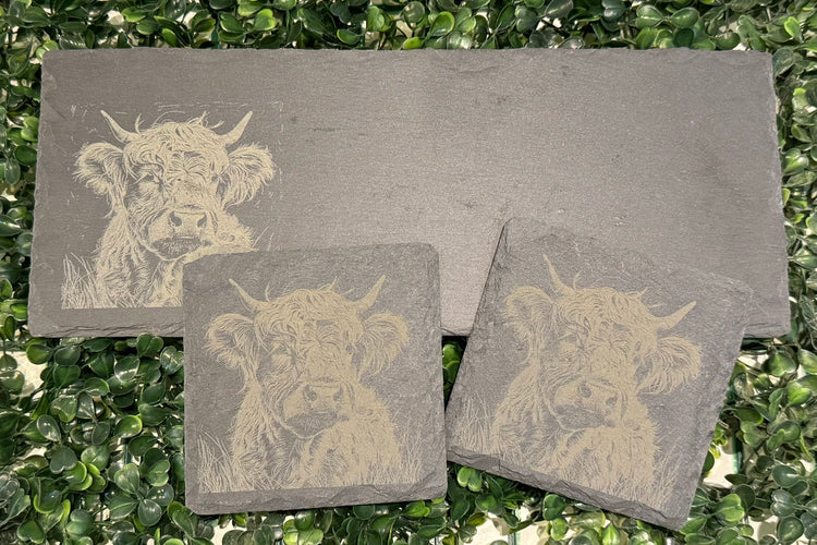 Laser Engraved Slate serving board and coasters