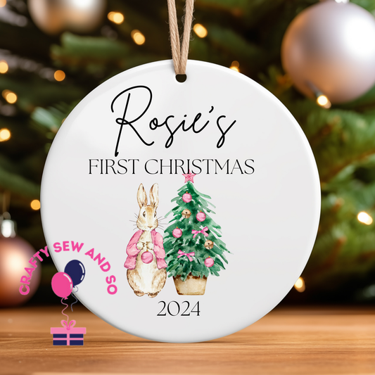 Baby’s first Christmas ceramic decoration-pink bunny