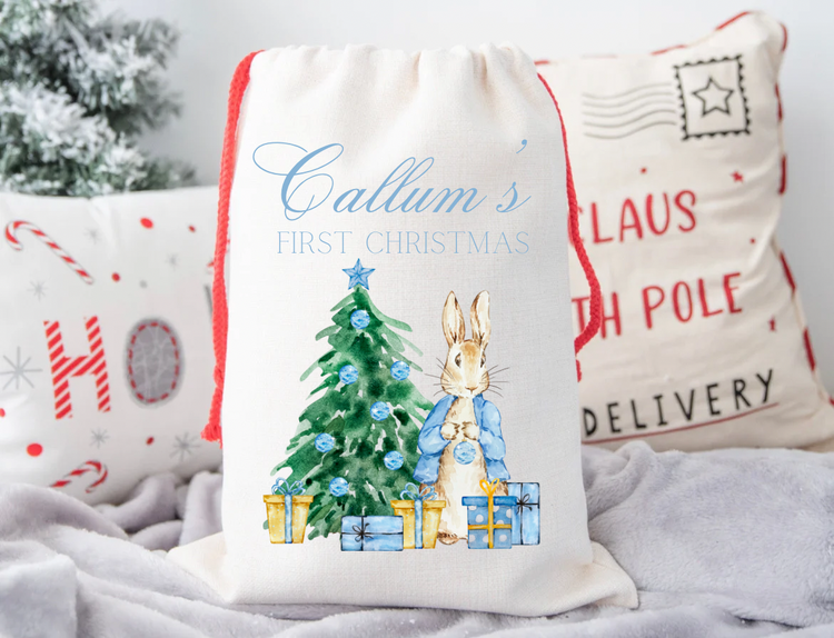 Blue Rabbit design canvas Santa sack