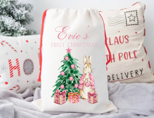 Pink Rabbit design canvas Santa sack