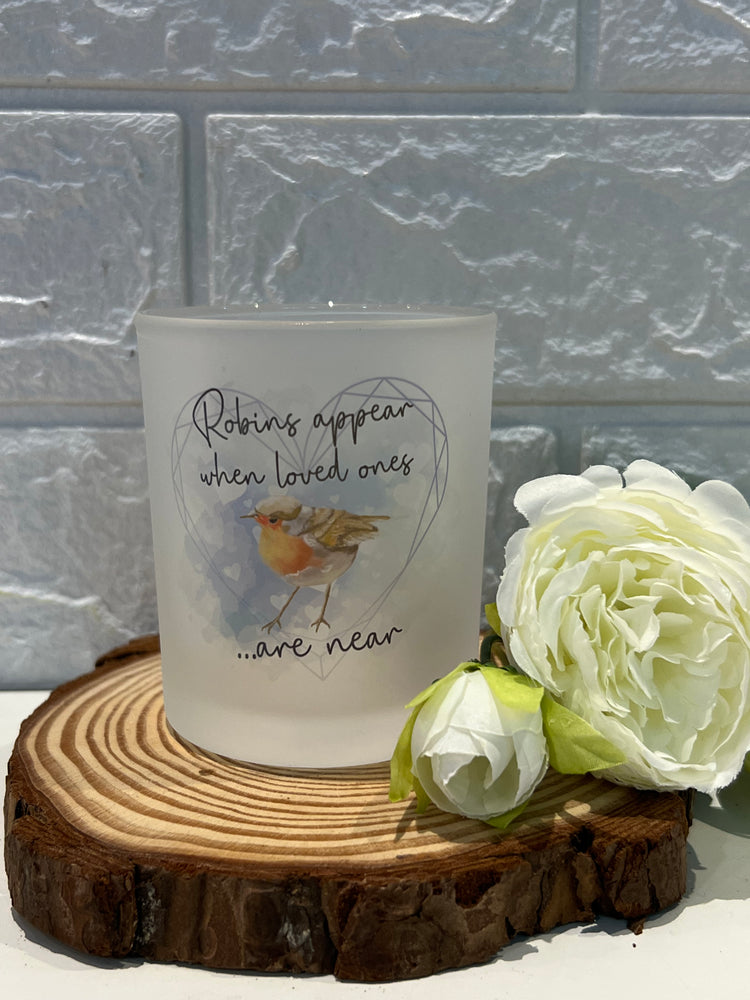 Frosted tea light holder -Robins appear when loved ones are near. Can be personalised