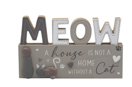 Wooden Cat Sign, Meow Cat Pebble Plaque