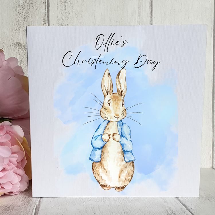 Personalised Wrapping Paper and card -Blue bunny Christening