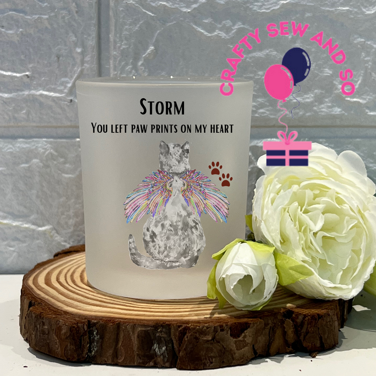 Frosted tea light holder -Cat angel memorial  Can be personalised