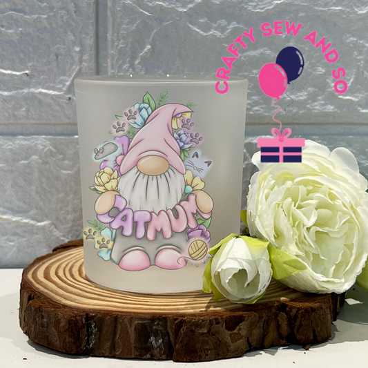 Frosted tea light holder -Cat Mum Gonk image  - Can be personalised