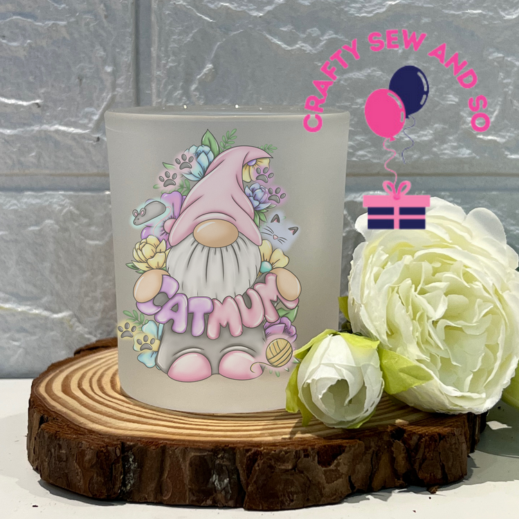 Frosted tea light holder -Cat Mum Gonk image  - Can be personalised