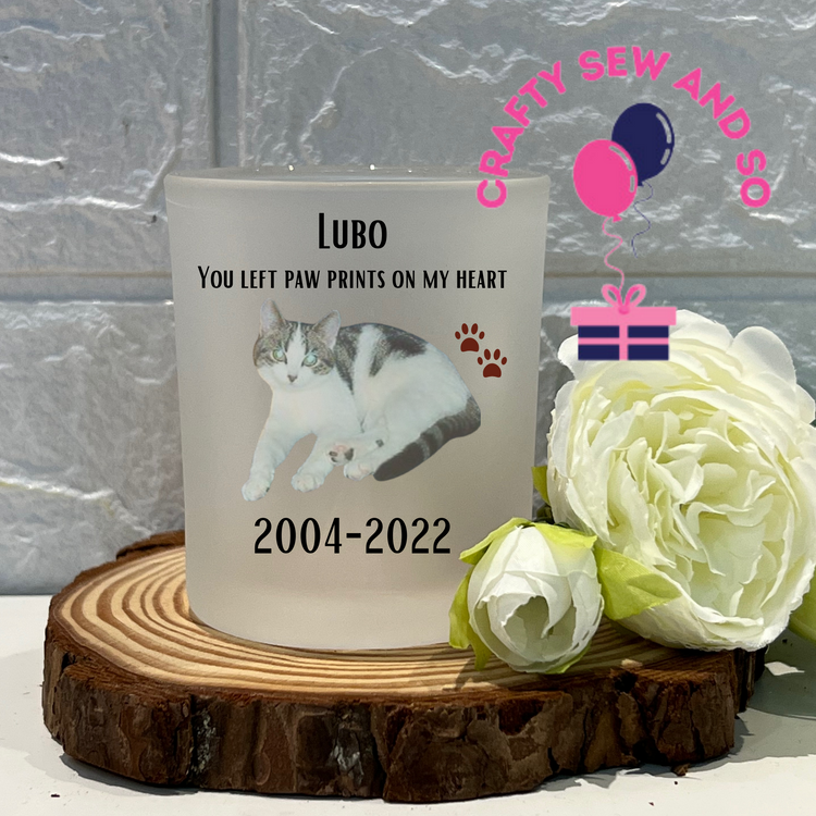 Photo Frosted tea light holder -Cat memorial  Can be personalised