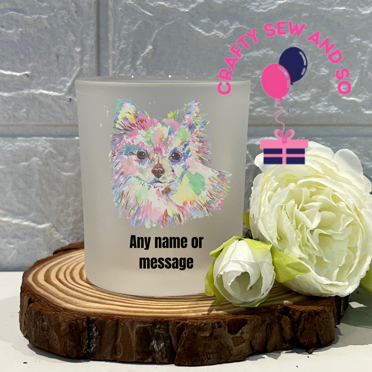 Frosted tea light holder -long haired chihuahua dog image  Can be personalised