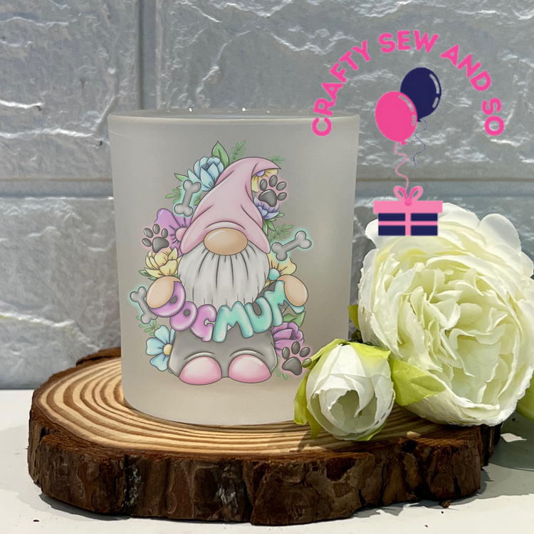 Frosted tea light holder -Dog Mum Gonk image  - Can be personalised