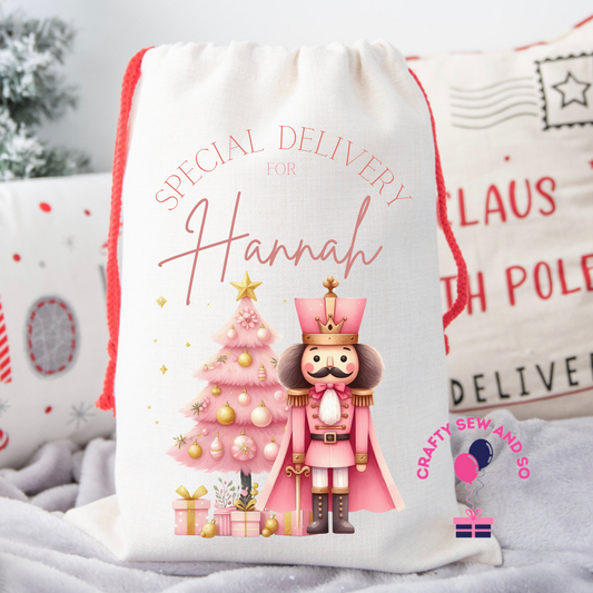 PInk Nutcracker design canvas Santa sack