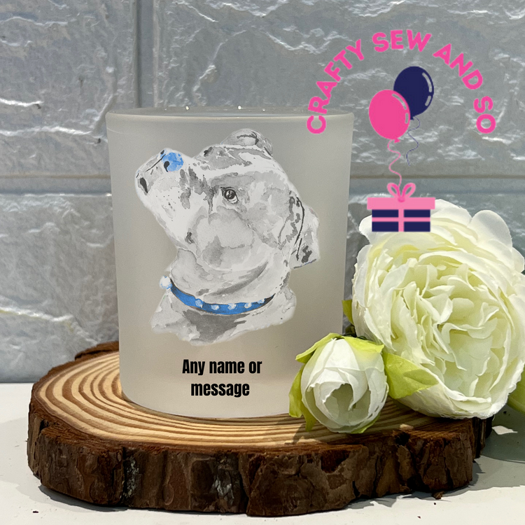 Frosted tea light holder -staffie dog image  Can be personalised