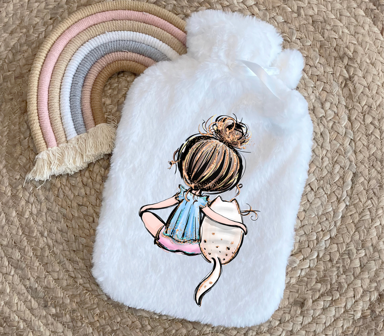 Personalised Glam Girl With Cat Fluffy Hot Water Bottle, Valentines Gift, Christmas Gift, Birthday Gift