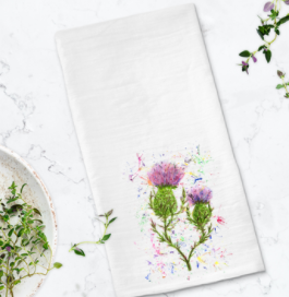 Watercolour thistle print Tea towel