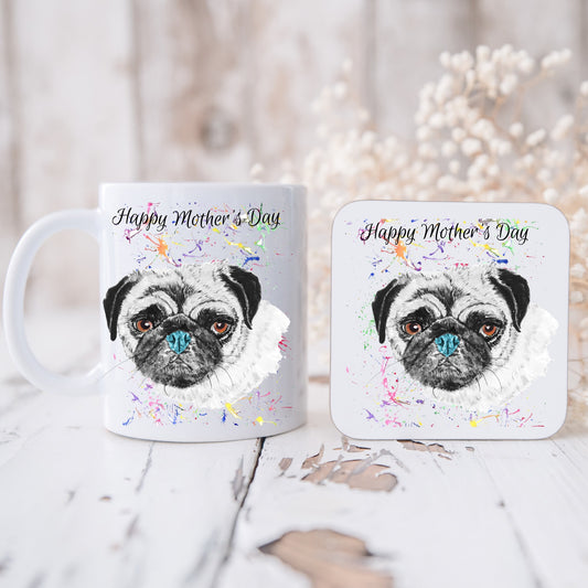 Coloured pug mug and coaster set