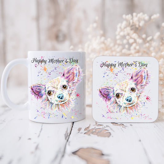 Coloured Chihuahua mug and coaster set