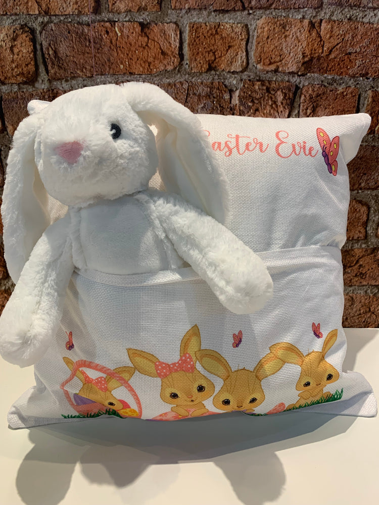 Personalised pocket book cushion with bunny