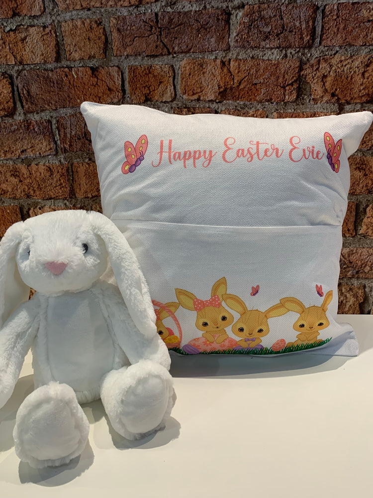 Personalised pocket book cushion with bunny