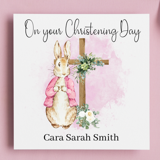 Pink Bunny watercolor christening day card